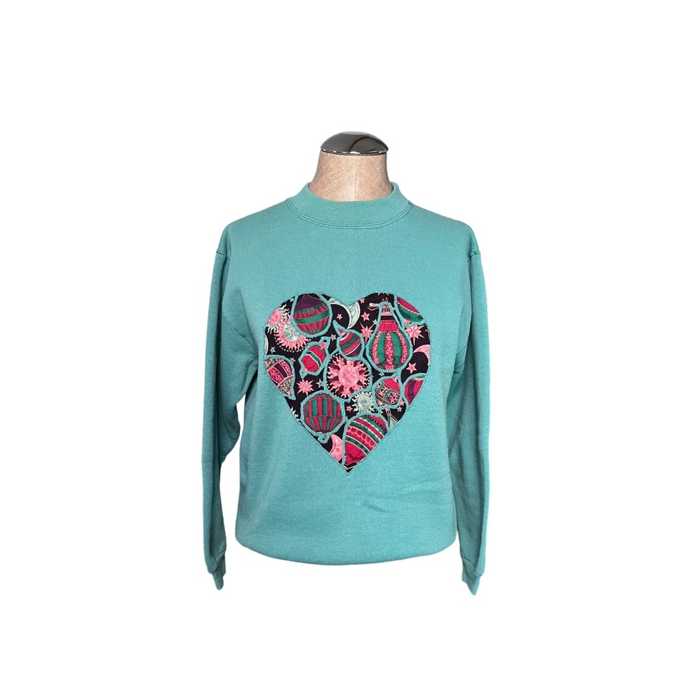 Celestial Heart Applique Teal Sweatshirt Small Hanes Her Way USA Vintage